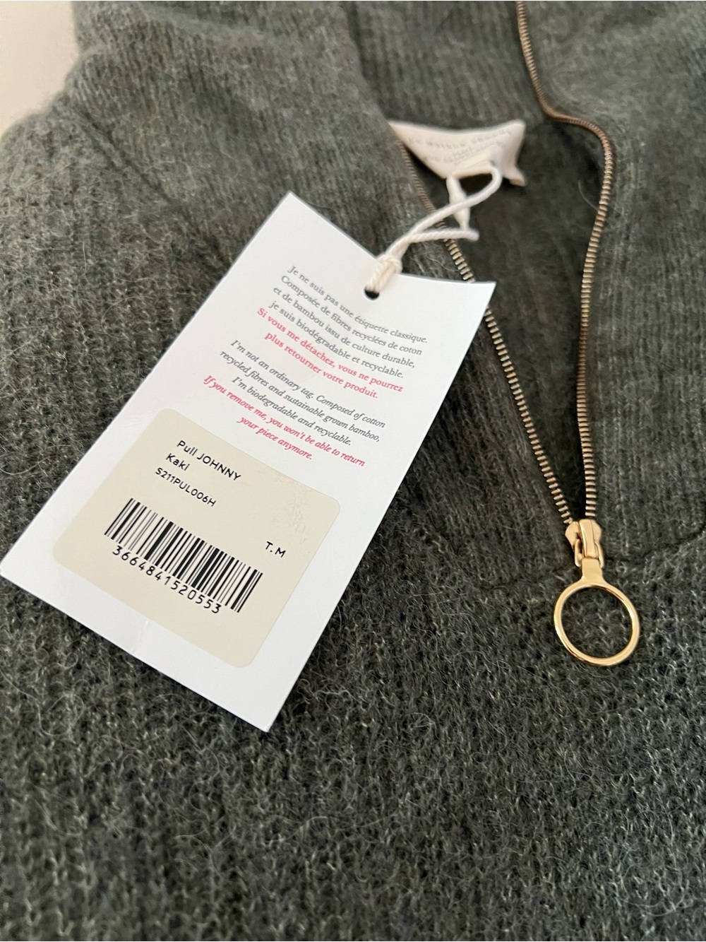 NWT Sezane Pull Johnny Quarterw-Zip Olive Green Women's Sweater M Super Soft - Picture 3 of 4